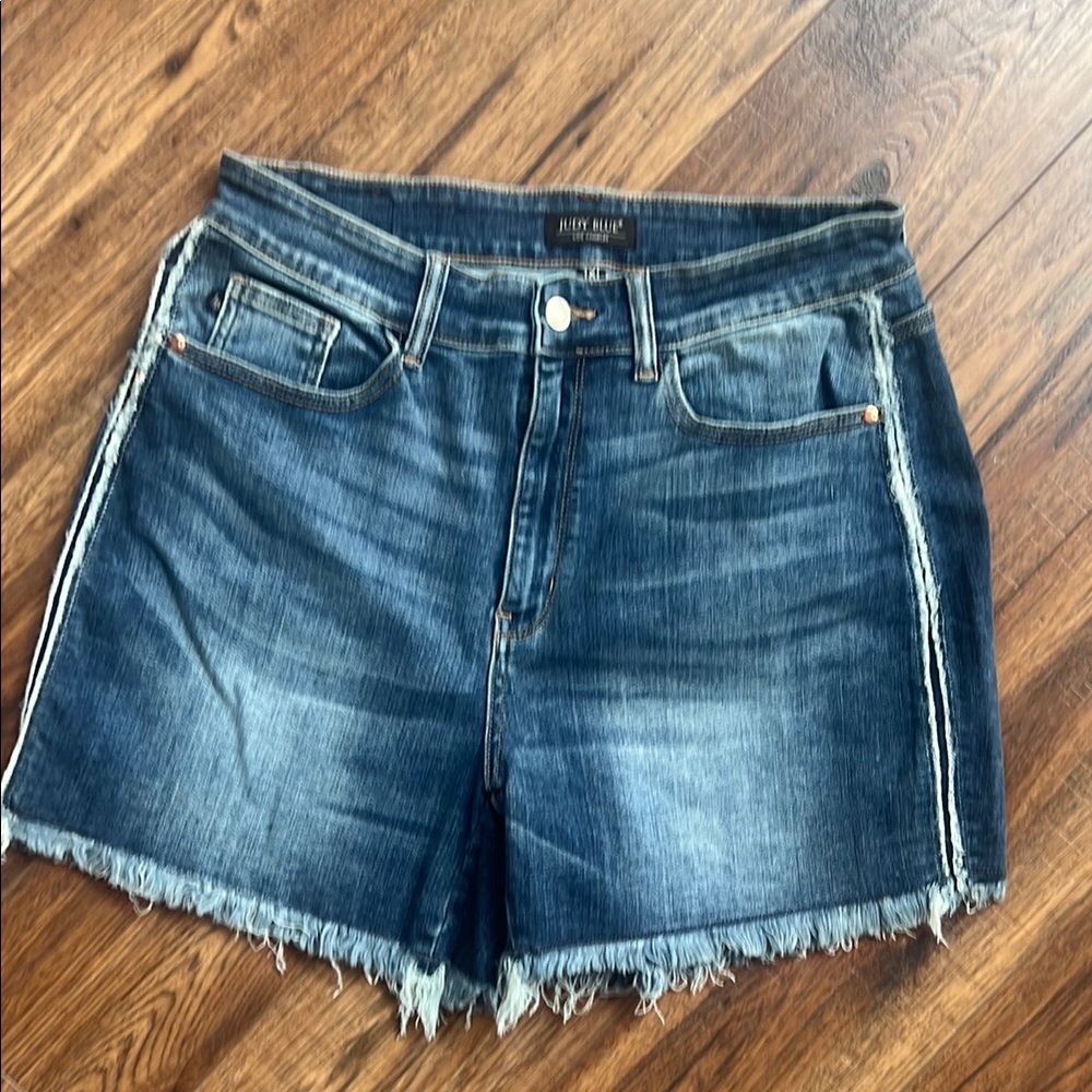 Judy Blue Blue Jean Shorts with Frayed Hem and Sporty Stripes